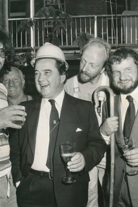 State Liberal member Alan Hunt celebrates the decision to build Alcoa's Portland plant in December 1978. 