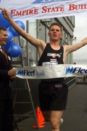 Paul Crake crosses the finish line to win the men's portion of the 22nd Annual Empire State Building Run-Up in 1999.