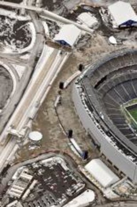 Facing possible snow storm ... an aerial view of MetLife Stadium as crews prepare the venue for Super Bowl XLVIII on Sunday in East Rutherford, New Jersey.