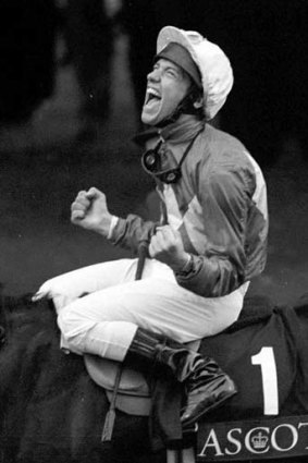 Dettori celebrates after riding all seven winners at Ascot in 1996.