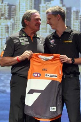 GWS coach Kevin Sheedy with Lachie Whitfield at the Gold Coast Convention Centre on Thursday.