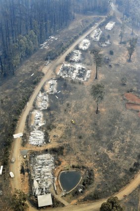 The burnt-out town of Marysville after fires swept through it on Saturday during Victoria's hottest day on record.
