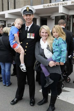 Petty Officer Dennis Allcroft  and wife Angela and children Tom and Grace spend their first ANZAC Day together as a family.