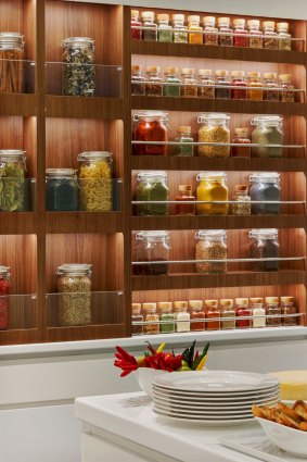 Spice rack in the demonstration kitchen on Viking Sea.
