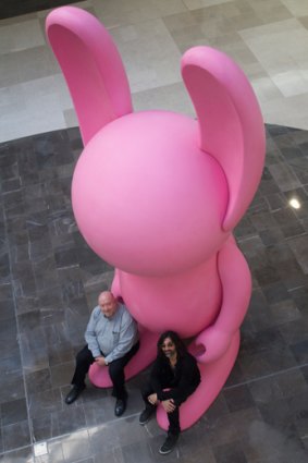 You wascally wabbit... Brisbane Festival artistic director Noel Staunton and artist Stormie Mills welcome the first of Mills' bunnies to Westfield Carindale. A number of them will pop up during this year's festival.