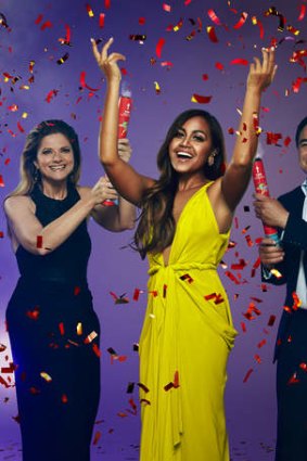 Jessica Mauboy, centre, with Sam Pang and Julia Zemiro - for SBS's coverage of Eurovision, 2014.