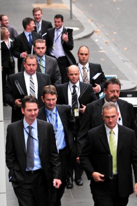 Purana Taskforce detectives outside court after Mokbel's extradition to Australia.