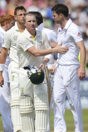 Australia's Brad Haddin congratulates England's James Anderson after England won the first Test.
