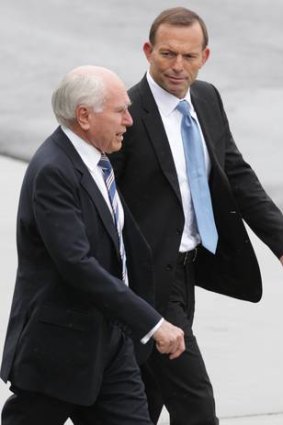 Putting his best Howard foot forward: Tony Abbott and former Prime Minister John Howard (left).