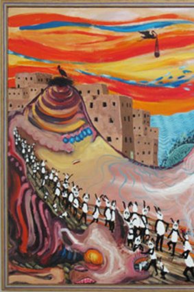 A painting from Fergus Binns' <i>Ali Baba Squinting and the Watership Wind Band</i> exhibition.