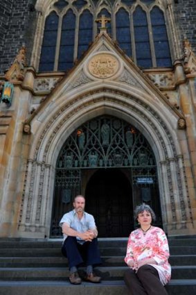 Catholic mediator Alan Baker with sex abuse victim Mairead Ashcroft outside St Patrick's Cathedral.