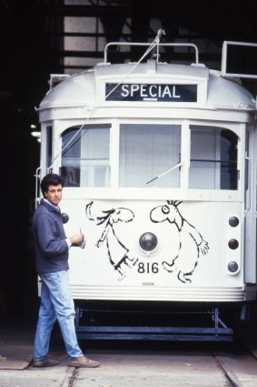 Michael Leunig with the tram before he began work.