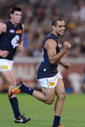 Snap out of the Blue: Carlton's Chris Yarran celebrates kicking an early contender for goal of the year in last night's runaway win against Richmond.