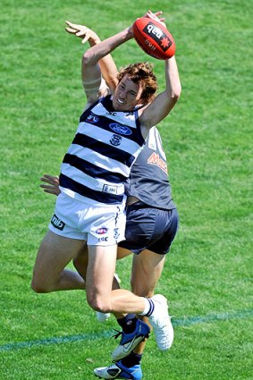 Geelong's Mitch Brown takes a mark during his side's NAB Challenge clash against Carlton in March.