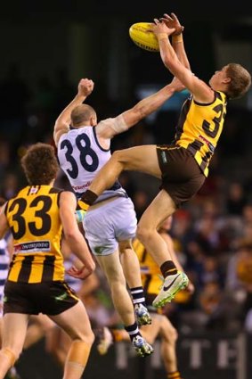 Jed Anderson of the Box Hill Hawks marks over the top of Jackson Sheringham of the Cats during the VFL grand final match on Saturday.