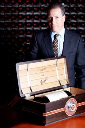 David Linley with the special box constructed for Penfolds.
