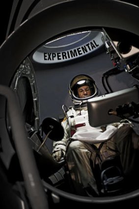 Felix Baumgartner in his capsule during preparations for the  flight.