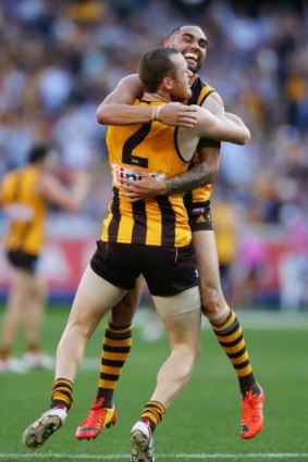 Jarryd Roughead and Shaun Burgoyne celebrate their win.