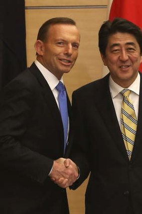 Tony Abbott with Japanese PM Shinzo Abe in Japan in April.