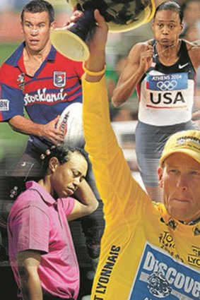 Lance Armstrong, centre, has joined a long list of sporting transgressors who have tried to rebuild tarnished images, among them (clockwise from top left) Matthew Johns, Marion Jones, O.J. Simpson, Ben Cousins and Tiger Woods.