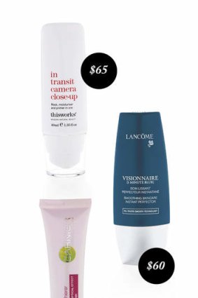 Luxe to less … This Works In Transit Camera Close-up, 40ml, $65, meccacosmetica.com.au. Lancôme Visionnaire 1 Minute Blur Instant Skin Perfector, 30ml, $60, lancome.com.au. Garnier 5sec Perfect Blur, 30ml, $17, garnier.com.au.