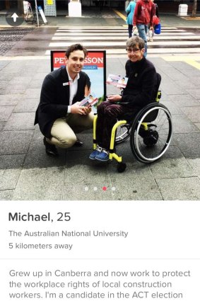 Screenshot of Michael Pettersson's Tinder profile, a candidate at the ACT election using the dating app to appeal to young voters.