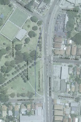 A preliminary plan showing WestConnex slicing a section from Ashfield Park.