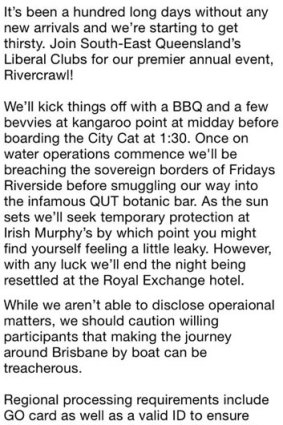 A screenshot of a Facebook page for the Queensland Universities Liberal National Club Rivercrawl.