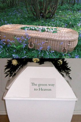 A selection of biodegradable coffins, made from wicker, recycled paper and banana leaves.