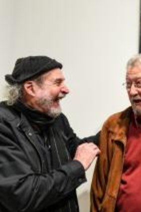 Artist Bruno Jean Grasswill with Michael Caton and the winning Packing Room Prize portrait at The Art Gallery of NSW.