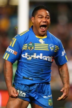 Chris Sandow of the Eels celebrates scoring a try only to have it disallowed.
