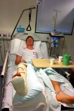 Unlucky break ... Gary Rohan in hospital after breaking his leg