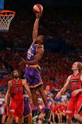 Kings forward Sam Young goes up for a dunk during the round seven NBL match between the Perth Wildcats and the Sydney Kings at Perth Arena.