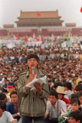 Student leader Wang Dan in Tiananmen Square Beijing calling for a city wide march.