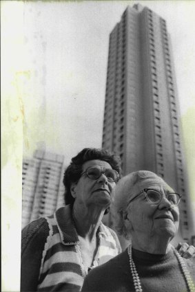 Mrs. Violet Duignan and Mrs. Susie Warden, both of Redfern, at a preview of the of the towers.
