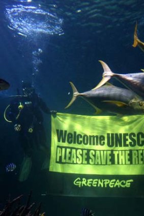 Speaking out ... Sydney Aquarium teams up with Greenpeace to ask UNESCO to save the Great Barrier Reef.