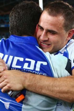 Peas in a pod &#8230; Canterbury five-eighth Josh Reynolds celebrates with with Bulldogs skipper and fellow "grub" Michael Ennis.