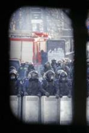 Ukranian police at the site of clashes in Kiev.