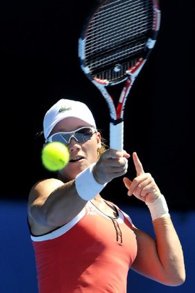 Good feeling ... Samantha Stosur during her victory over Kristine Barrois on Rod Laver Arena yesterday.