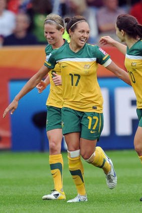 Kyah Simon of Australia celebrates scoring their winning goal during the FIFA Women's World Cup 2011 Group D match between Australia and Norway.