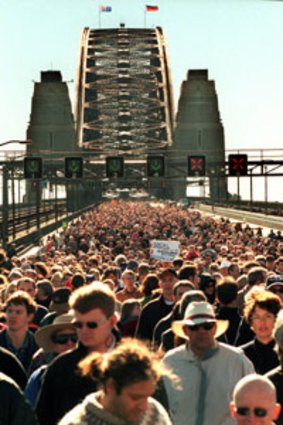 All together ... 300,000 march across the Harbour Bridge for Corroboree 2000.