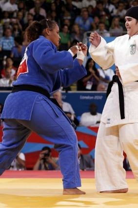 Saudi Arabia's Wojdan Shaherkani (right) participated in the women's +78kg judo compeition at the London Olympics.