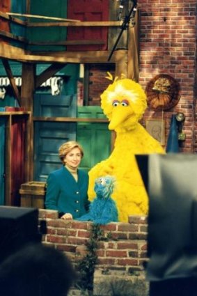 Carroll Spinney as Big Bird with Hillary Clinton on the set of <i>Sesame Street.</i> 