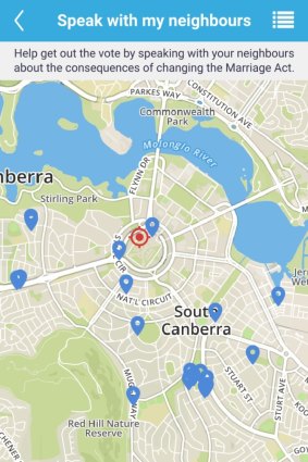 A map of available addresses to doorknock in the vicinity of Parliament House, Canberra.
