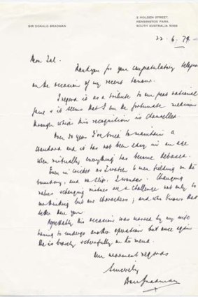 ''Changing values and changing virtues'' &#8230; a letter written by Sir Donald Bradman in 1979.