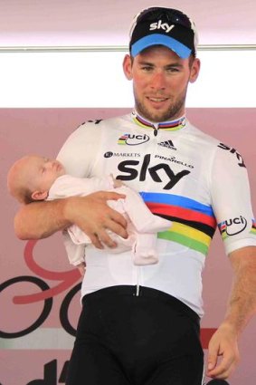 Oh baby ... Mark Cavendish on the podium with daughter Delilah Grace.