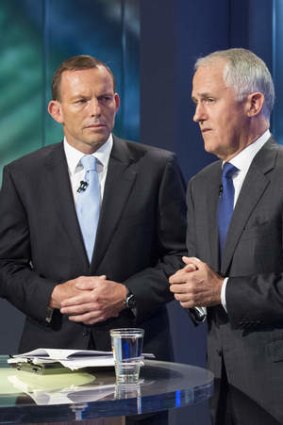 Malcolm Turnbull and Tony Abbott tour the facilities at the Fox Sports studio.