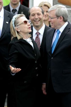 US Secretary of State Hillary Clinton is greeted by Australian foreign minister Kevin Rudd at Tullamarine Airport.