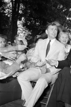 Election mode ... Gore Vidal, who was a candidate in an area of New York state that had not voted for a Democrat for 100 years, back in 1960. He is pictured with the then presidential hopeful John F. Kennedy, right, on August 18.