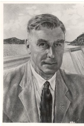 A Sydney Morning Herald drawing showing Sir William Hudson in front of one of the Snowy Mountains Scheme dams. 